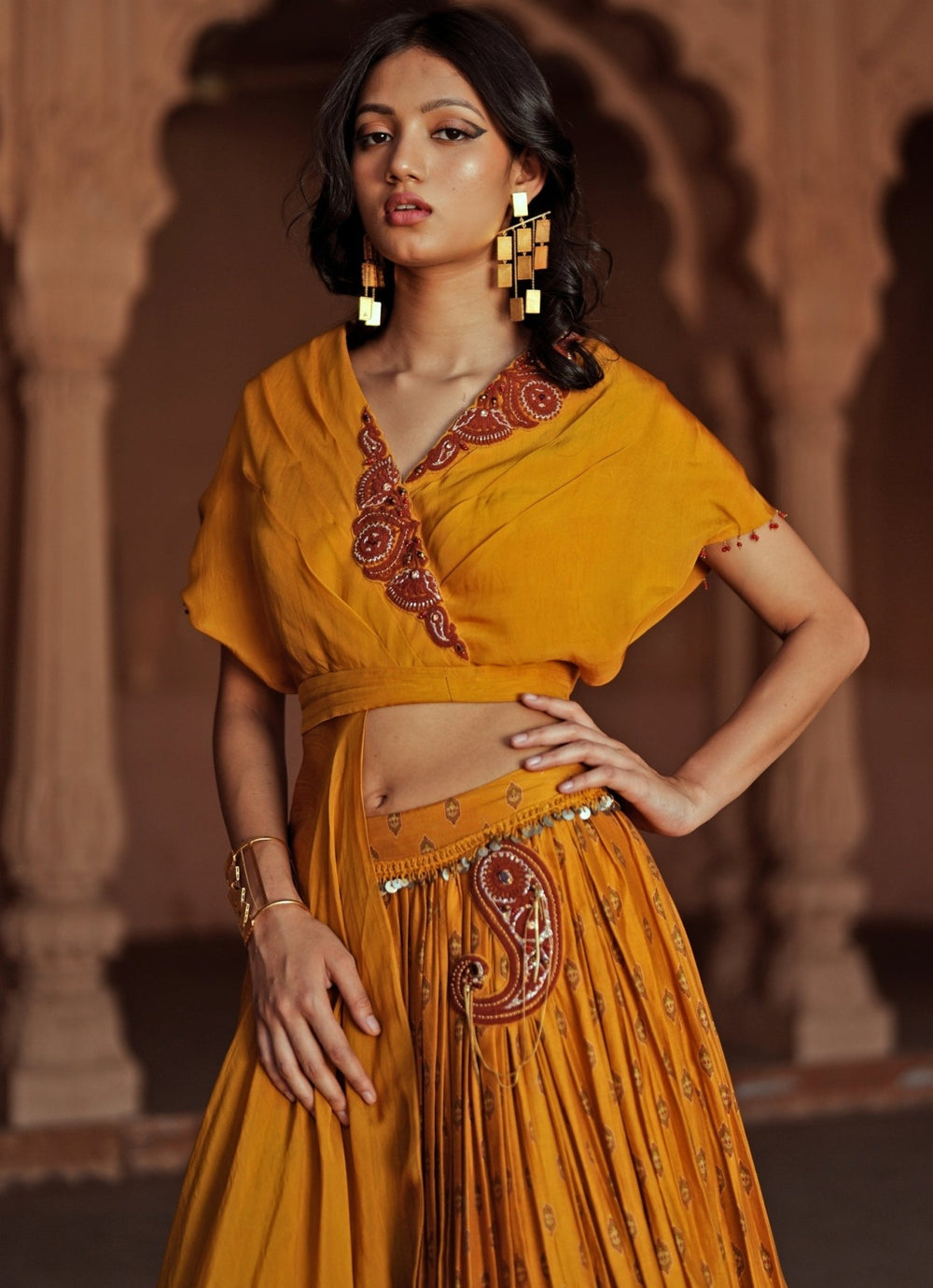 Yellow Printed And Embroidered Chanderi Silk Lehenga Set Isha Gupta Tayal - Fabilicious Fashion