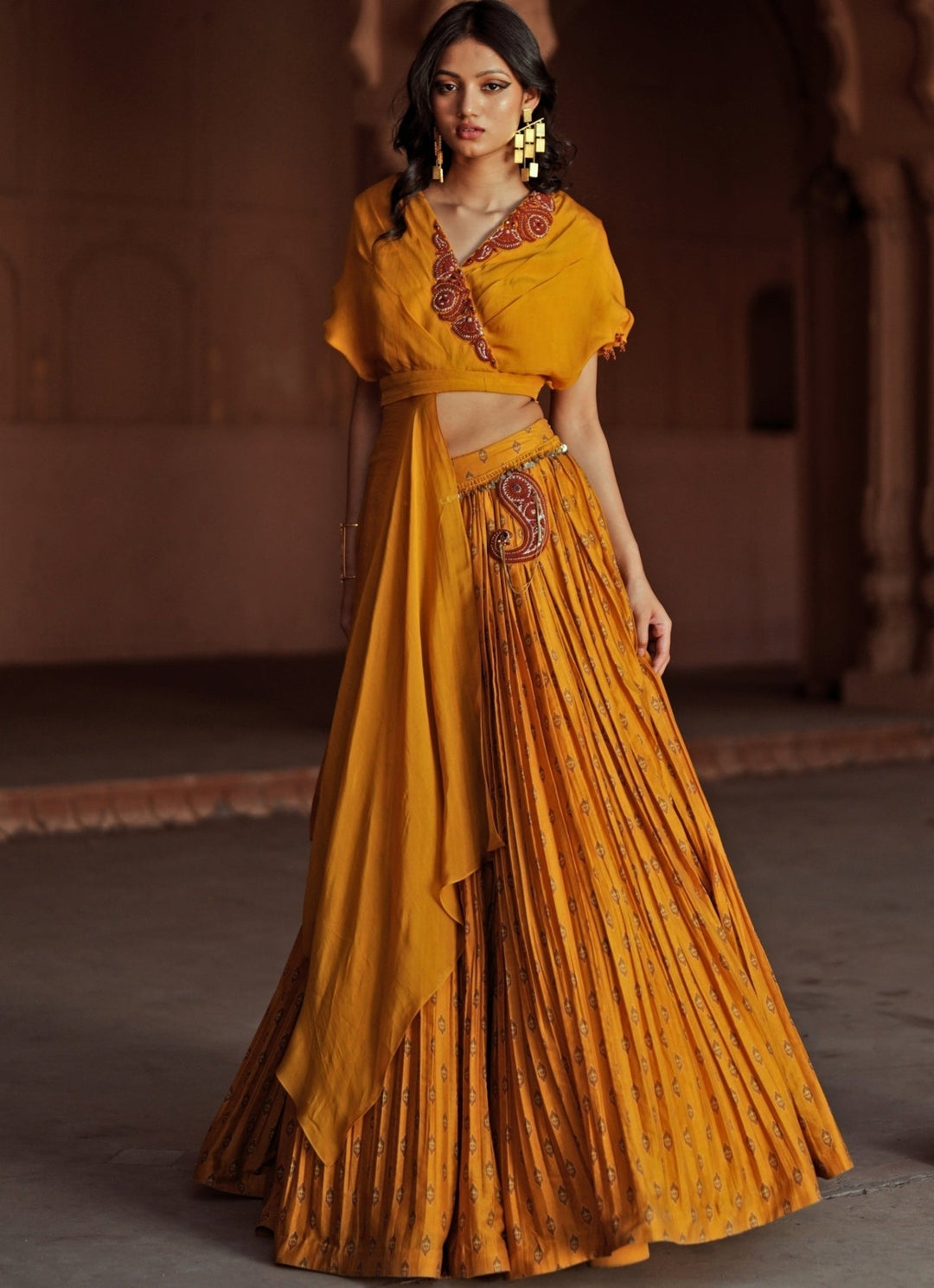 Yellow Printed And Embroidered Chanderi Silk Lehenga Set Isha Gupta Tayal - Fabilicious Fashion