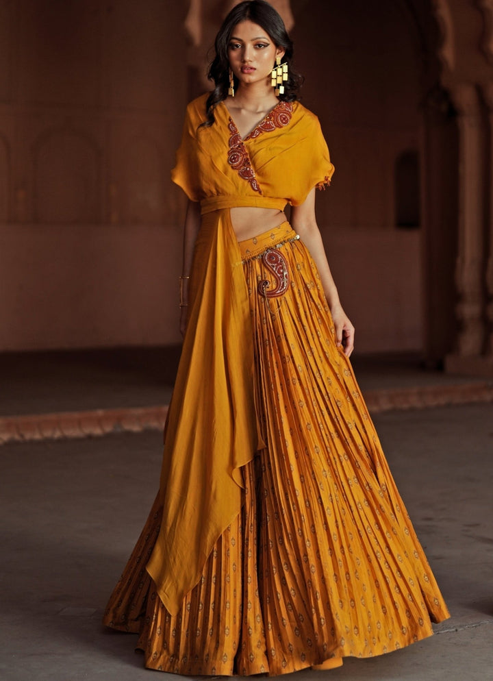 Yellow Printed And Embroidered Chanderi Silk Lehenga Set Isha Gupta Tayal - Fabilicious Fashion