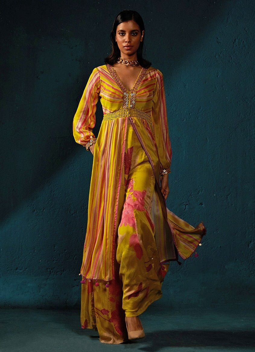 Yellow Printed And Striped High - Slit Long Top With Pants Set Basil Leaf - Fabilicious Fashion