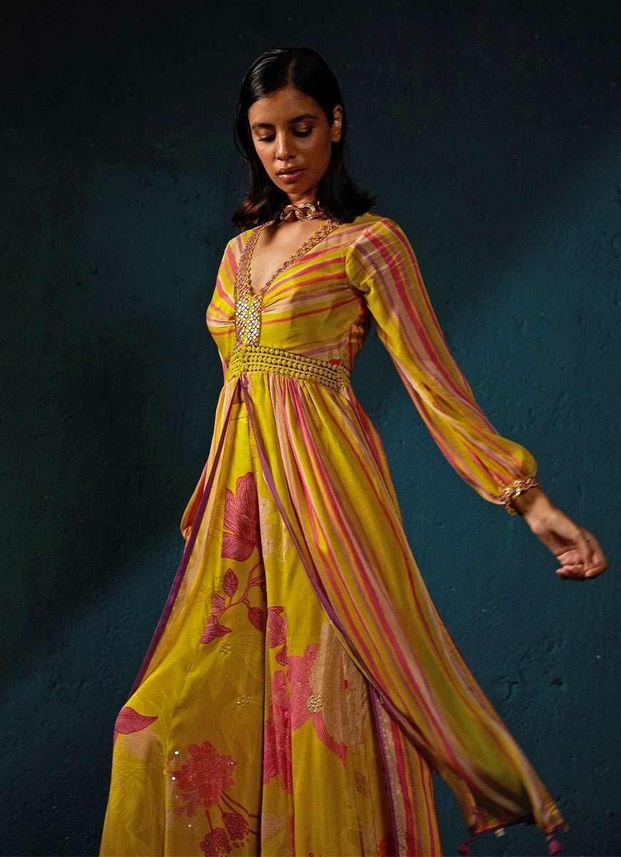 Yellow Printed And Striped High - Slit Long Top With Pants Set Basil Leaf - Fabilicious Fashion