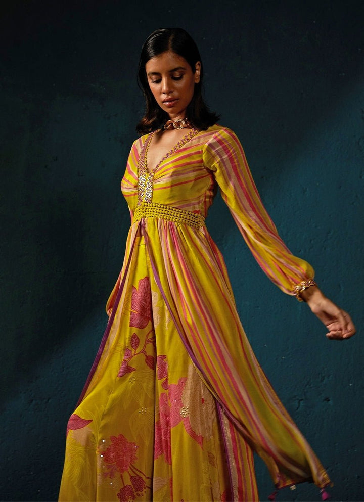 Yellow Printed And Striped High - Slit Long Top With Pants Set Basil Leaf - Fabilicious Fashion