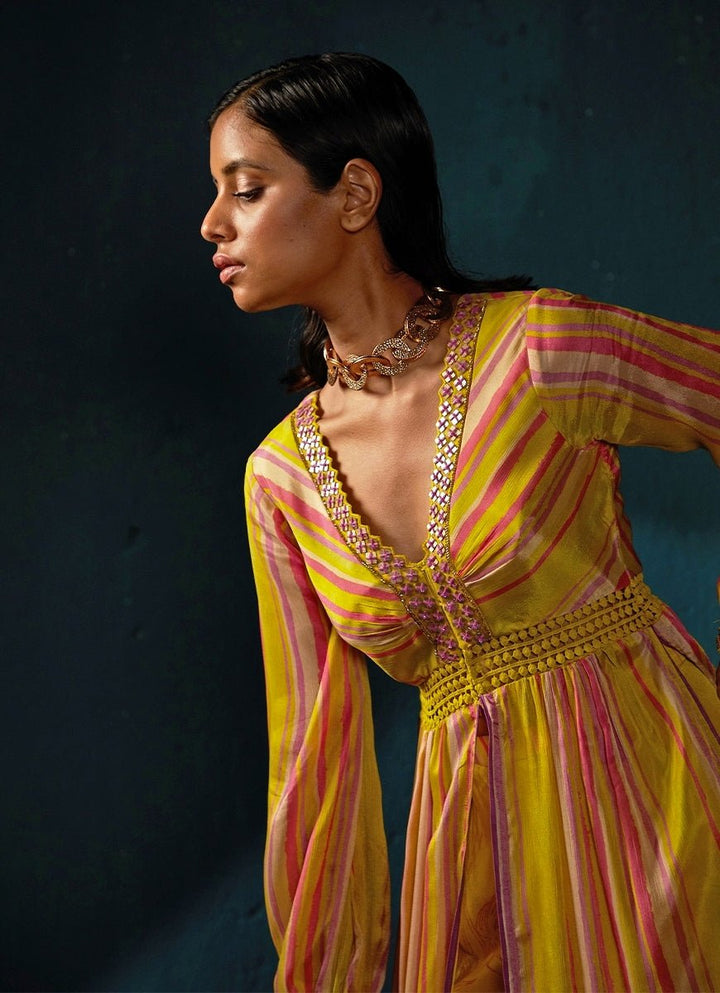 Yellow Printed And Striped High - Slit Long Top With Pants Set Basil Leaf - Fabilicious Fashion