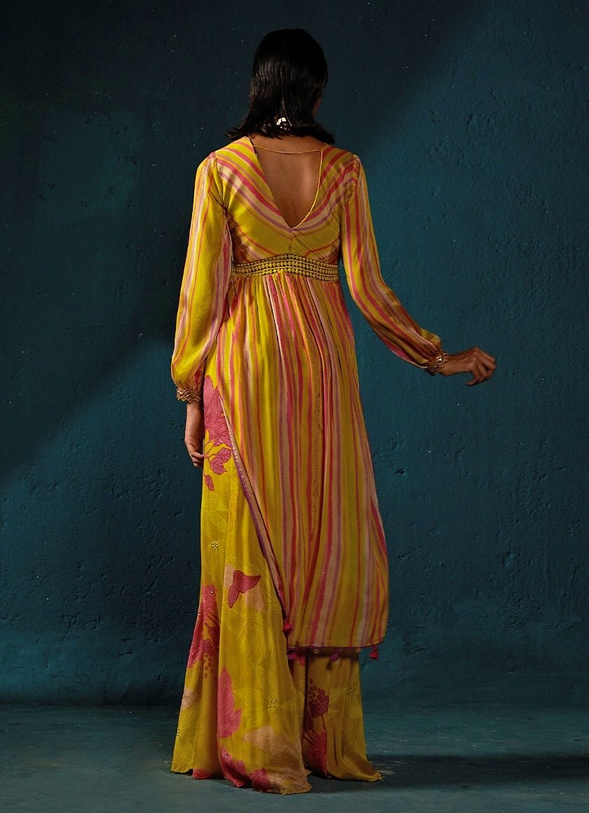 Yellow Printed And Striped High - Slit Long Top With Pants Set Basil Leaf - Fabilicious Fashion