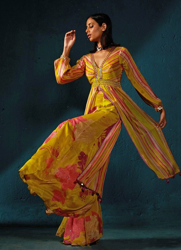 Yellow Printed And Striped High - Slit Long Top With Pants Set Basil Leaf - Fabilicious Fashion