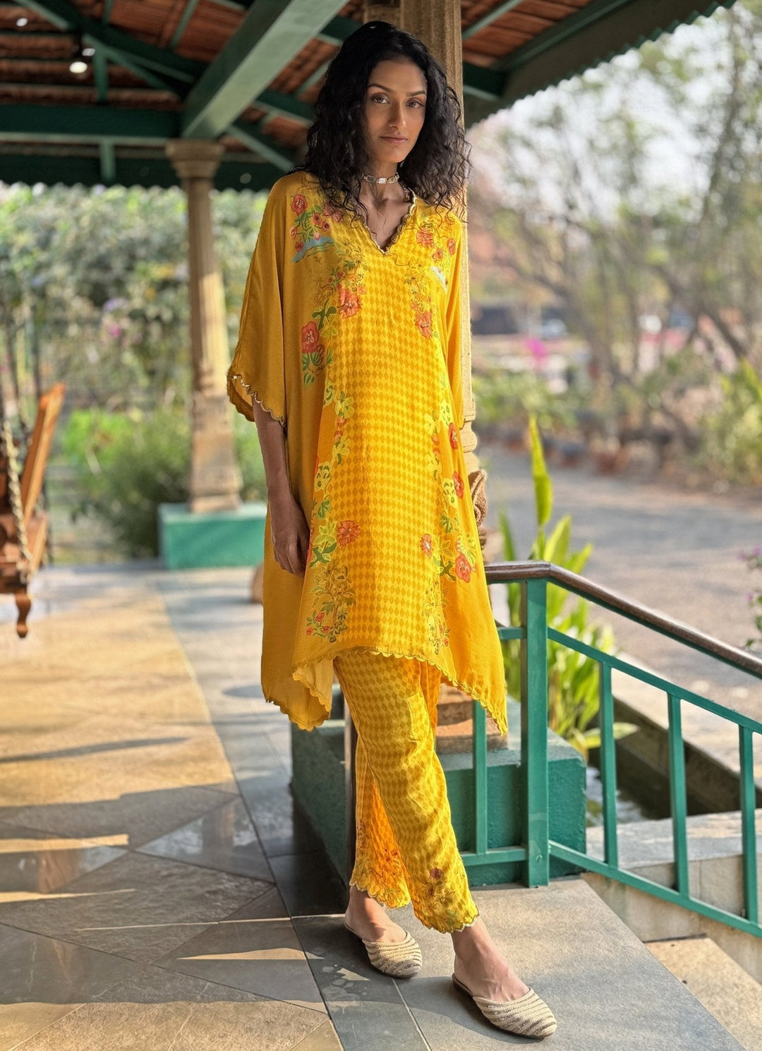 Yellow Printed Asymmetrical Kurta Pant Set Basil Leaf - Fabilicious Fashion