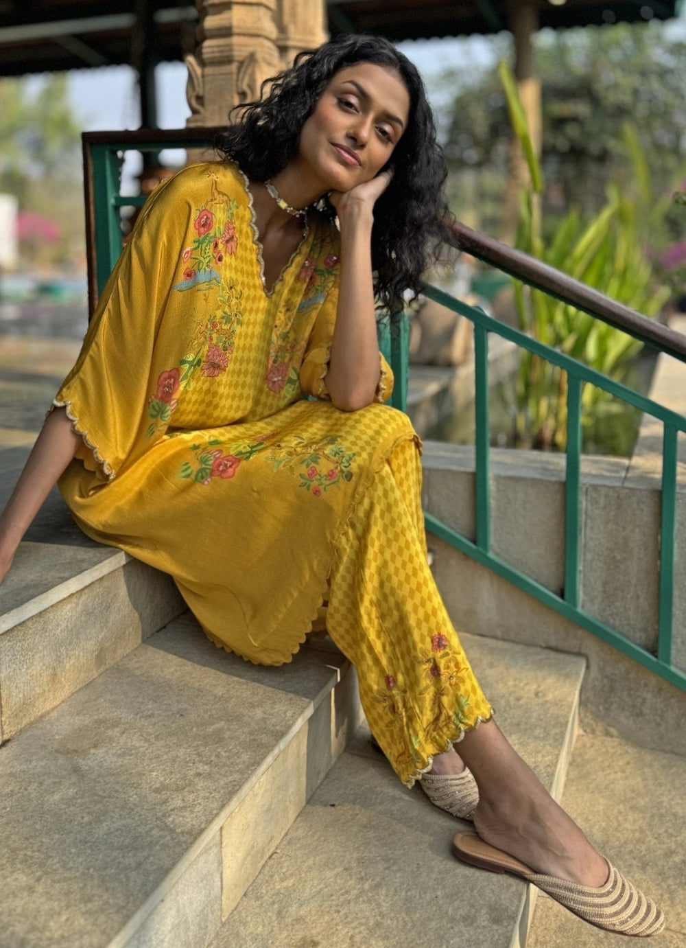Yellow Printed Asymmetrical Kurta Pant Set Basil Leaf - Fabilicious Fashion