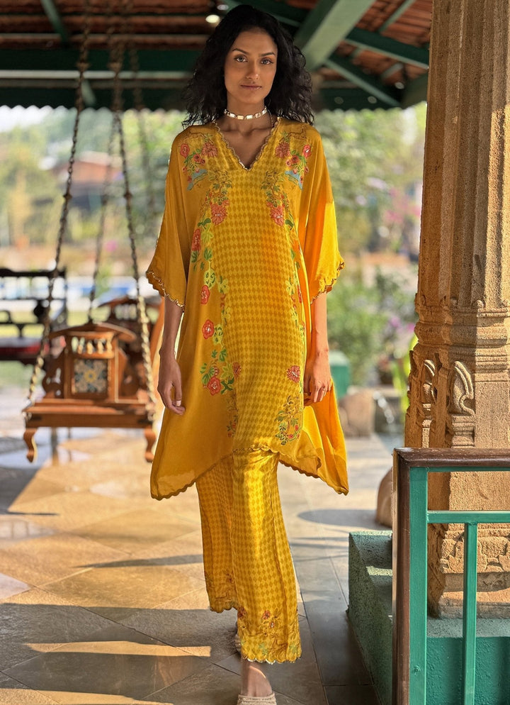 Yellow Printed Asymmetrical Kurta Pant Set Basil Leaf - Fabilicious Fashion