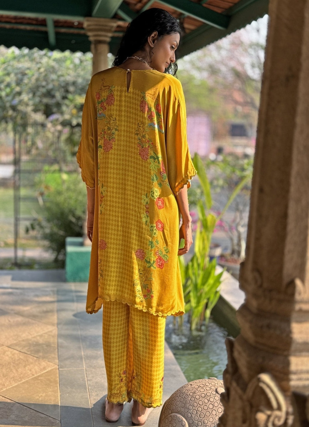 Yellow Printed Asymmetrical Kurta Pant Set Basil Leaf - Fabilicious Fashion