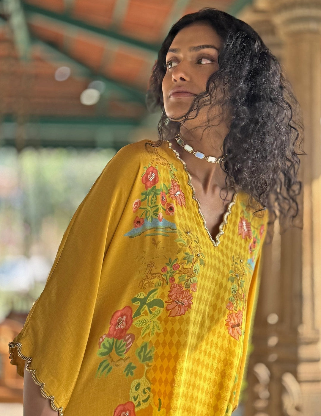 Yellow Printed Asymmetrical Kurta Pant Set Basil Leaf - Fabilicious Fashion