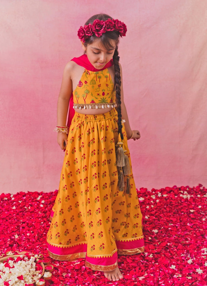 Chotibuti Yellow Printed Chanderi Lehenga SetFabilicious Fashion