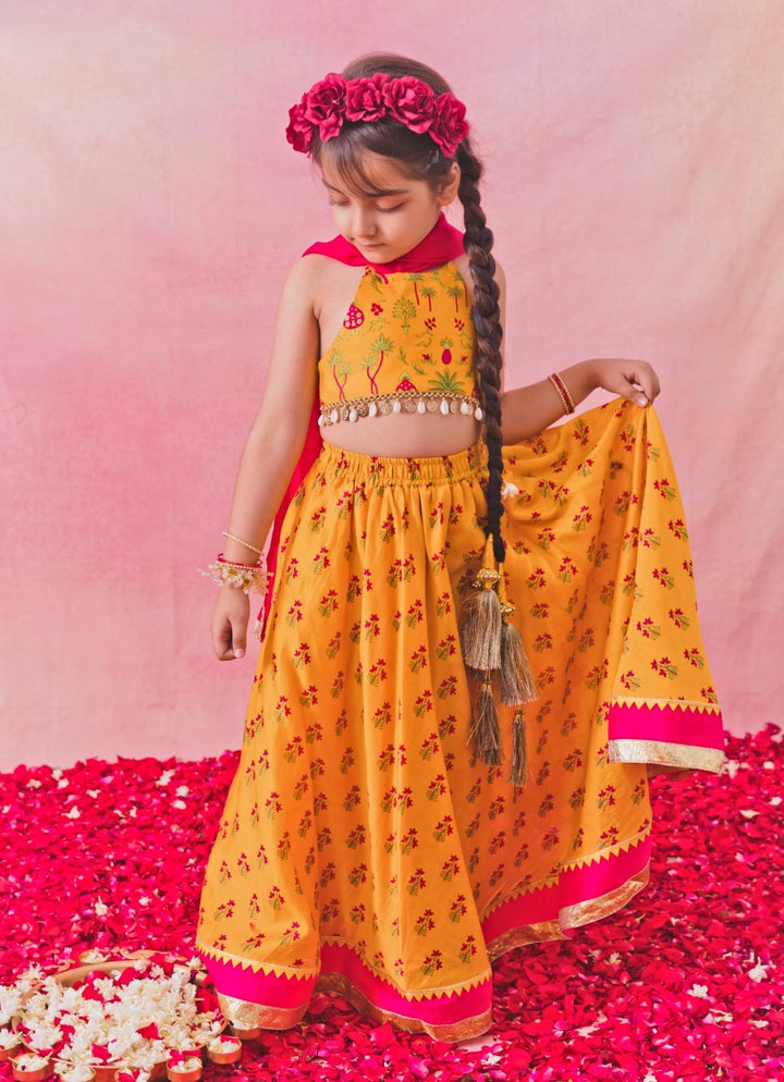 Chotibuti Yellow Printed Chanderi Lehenga SetFabilicious Fashion