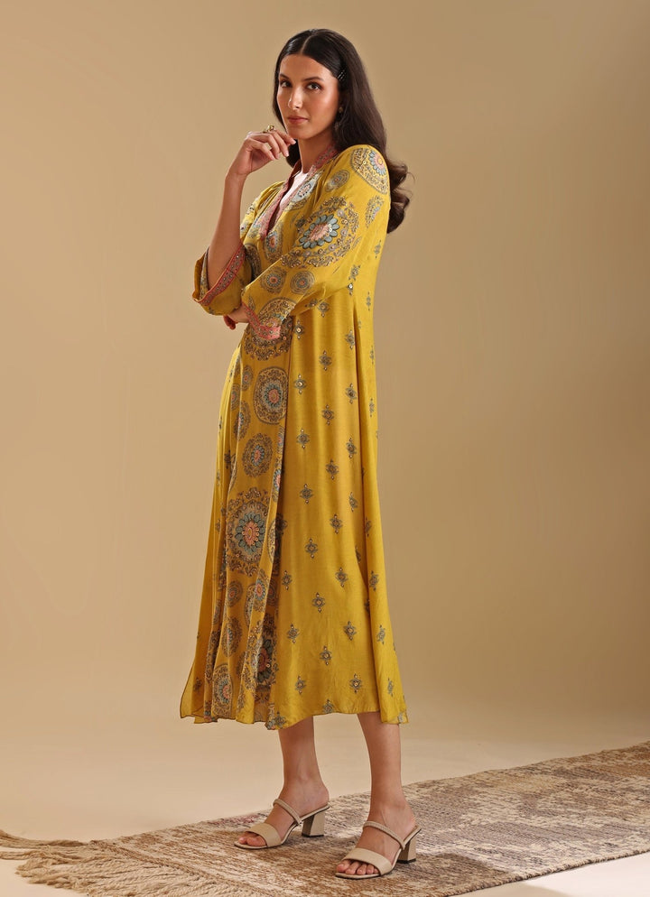 Yellow Printed Chanderi Long Dress With Flared Sleeves Soup By Sougat Paul - Fabilicious Fashion