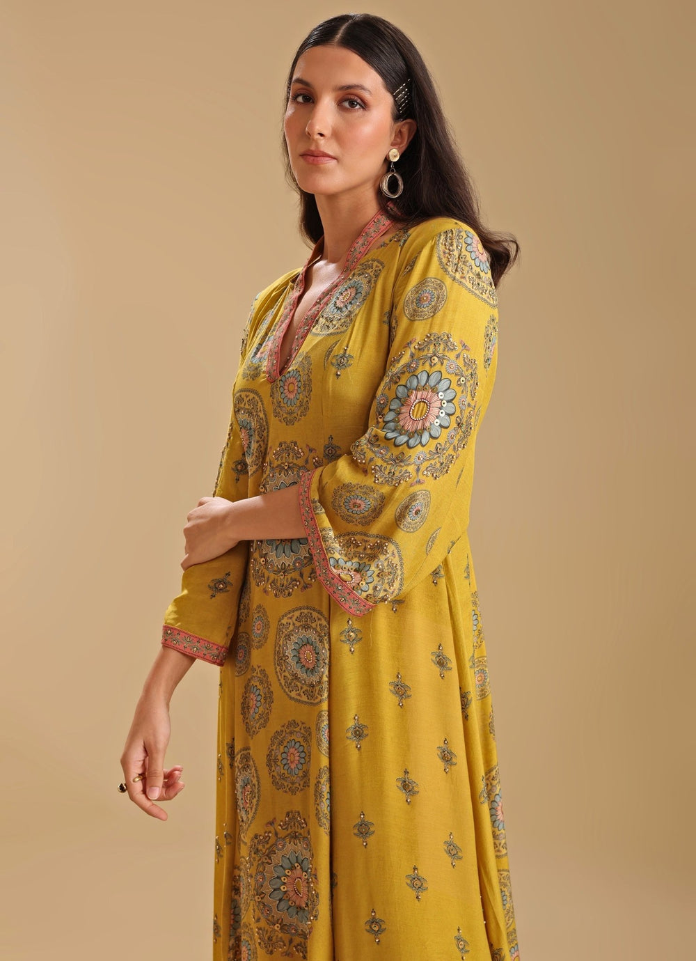 Yellow Printed Chanderi Long Dress With Flared Sleeves Soup By Sougat Paul - Fabilicious Fashion