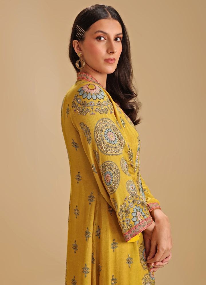 Yellow Printed Chanderi Long Dress With Flared Sleeves Soup By Sougat Paul - Fabilicious Fashion