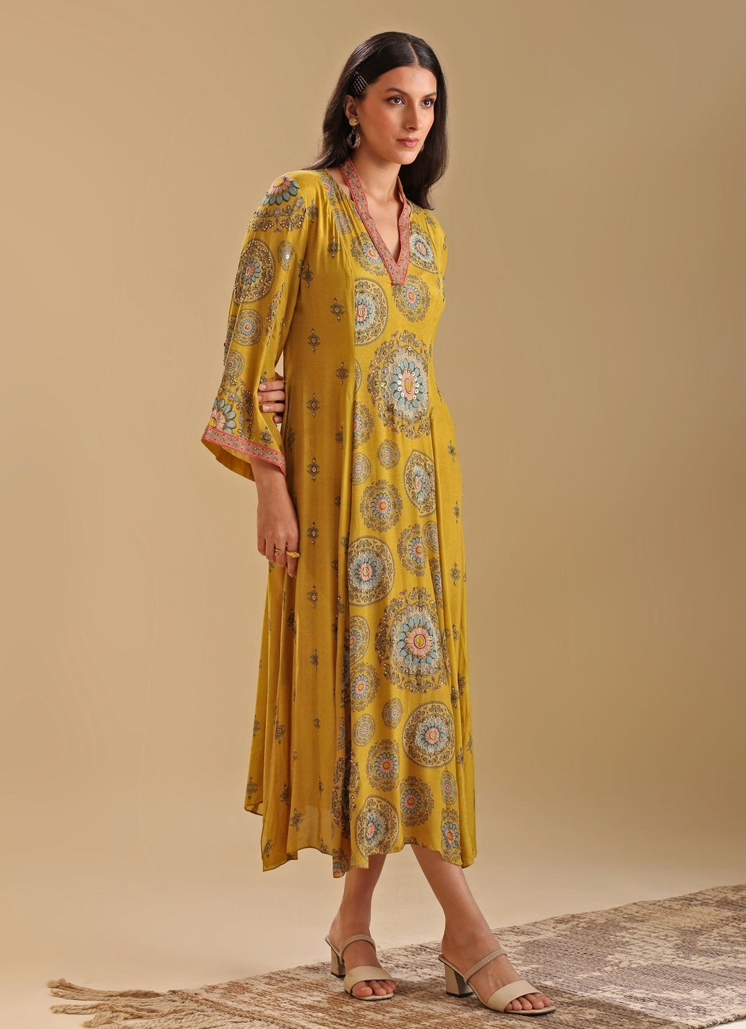 Yellow Printed Chanderi Long Dress With Flared Sleeves Soup By Sougat Paul - Fabilicious Fashion