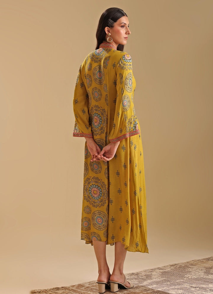 Yellow Printed Chanderi Long Dress With Flared Sleeves Soup By Sougat Paul - Fabilicious Fashion