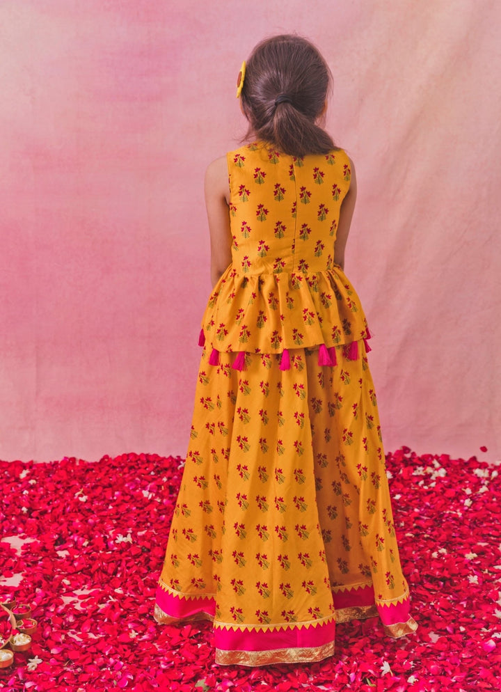 Yellow Printed Chanderi Peplum Lehenga Set Chotibuti - Fabilicious Fashion