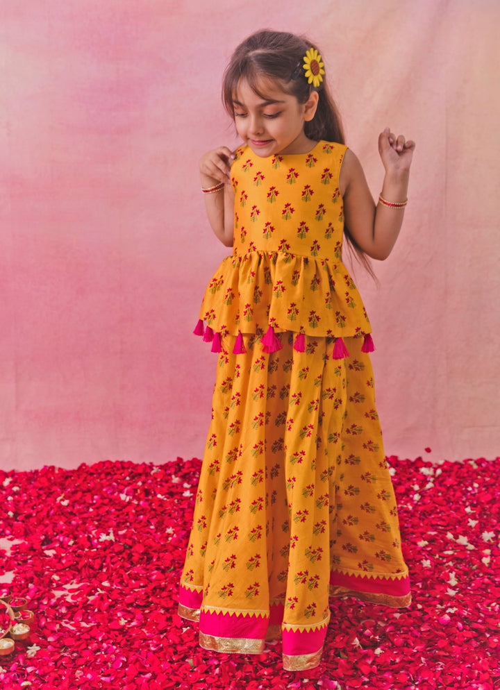 Yellow Printed Chanderi Peplum Lehenga Set Chotibuti - Fabilicious Fashion
