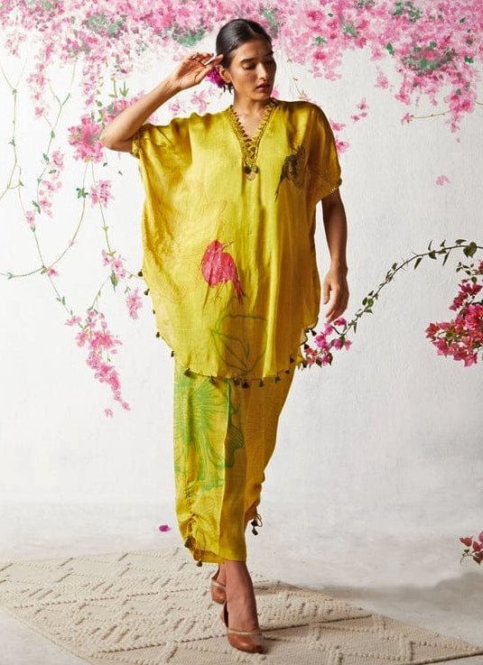 Yellow Printed Chiffon Kurta Pants Set Basil Leaf - Fabilicious Fashion
