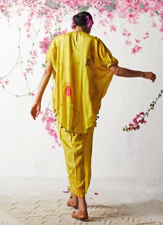 Yellow Printed Chiffon Kurta Pants Set Basil Leaf - Fabilicious Fashion