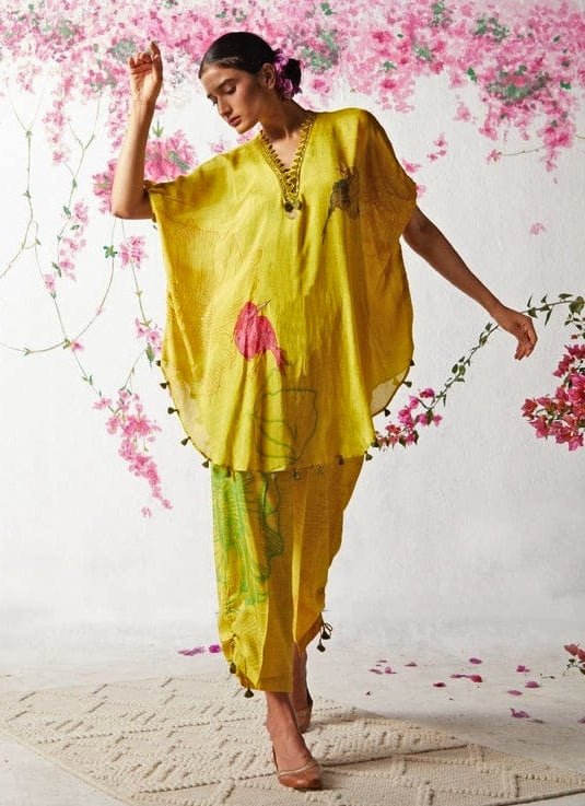 Yellow Printed Chiffon Kurta Pants Set Basil Leaf - Fabilicious Fashion