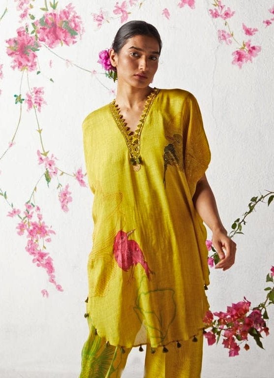Yellow Printed Chiffon Kurta Pants Set Basil Leaf - Fabilicious Fashion