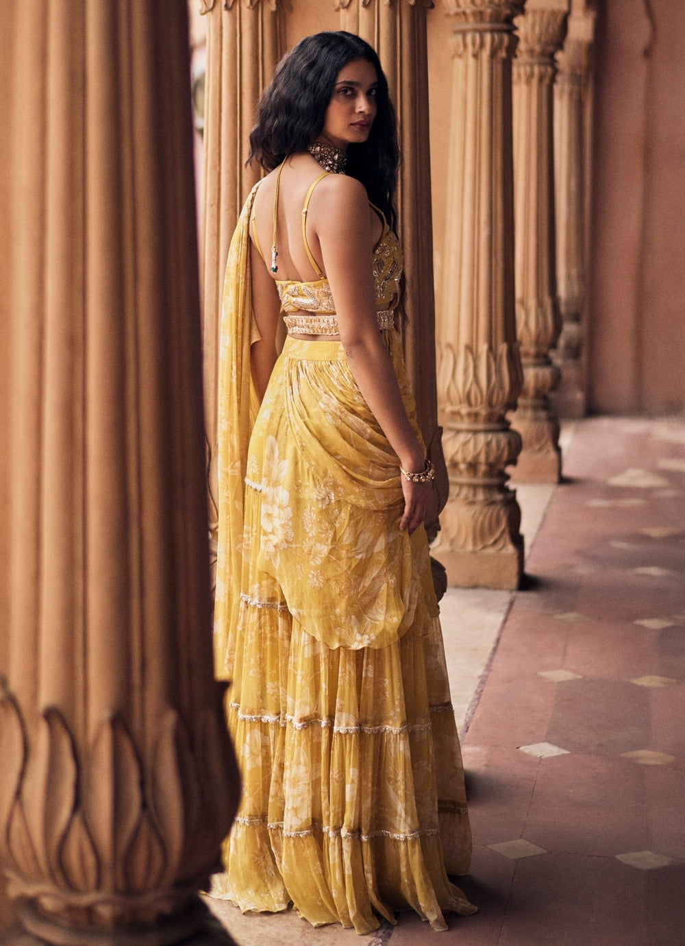 Yellow Printed Chiffon Predraped Saree Paulmi and Harsh - Fabilicious Fashion