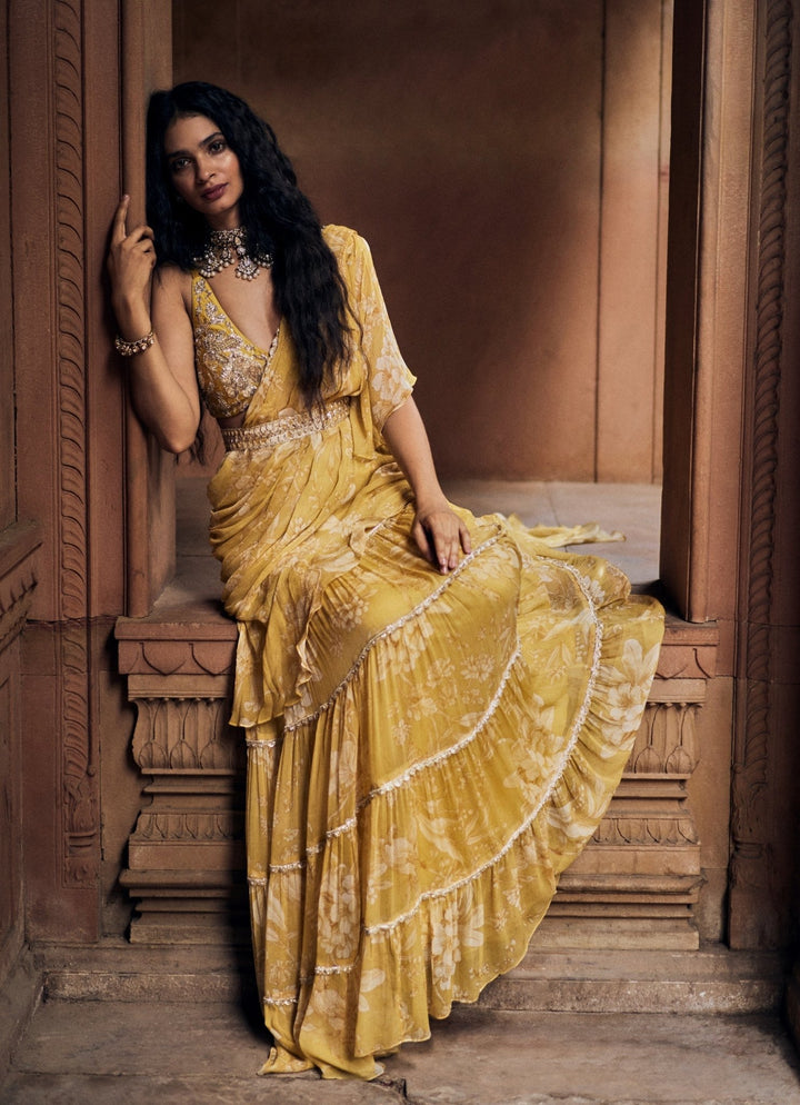 Yellow Printed Chiffon Predraped Saree Paulmi and Harsh - Fabilicious Fashion