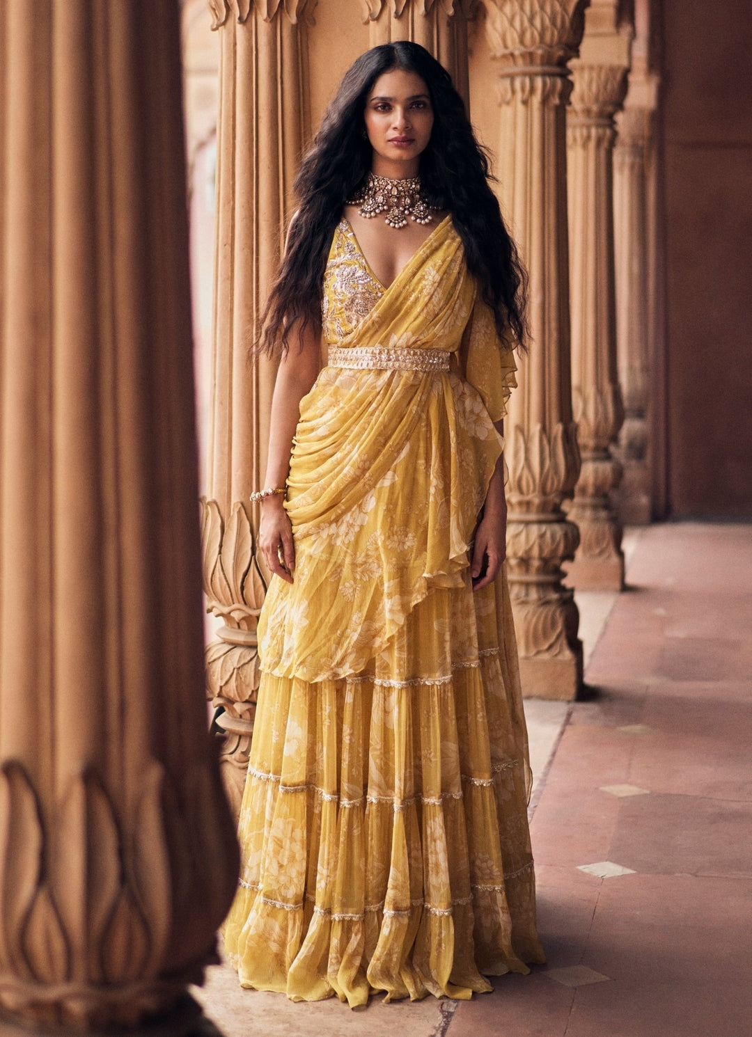 Yellow Printed Chiffon Predraped Saree Paulmi and Harsh - Fabilicious Fashion