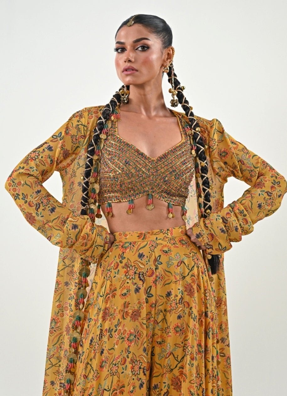 Yellow Printed Chinon Flared Pants With Jacket Juhi Bengani - Fabilicious Fashion
