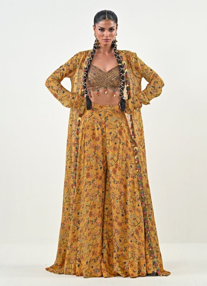 Yellow Printed Chinon Flared Pants With Jacket Juhi Bengani - Fabilicious Fashion