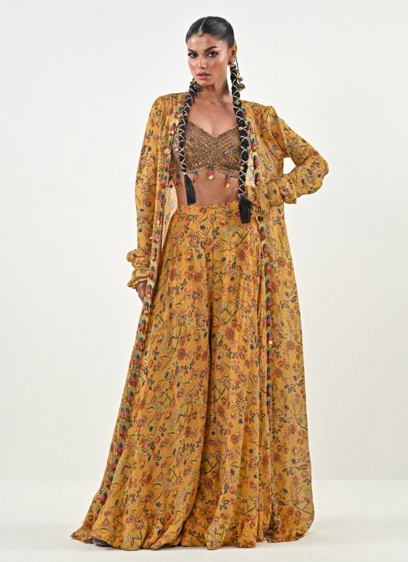 Yellow Printed Chinon Flared Pants With Jacket Juhi Bengani - Fabilicious Fashion