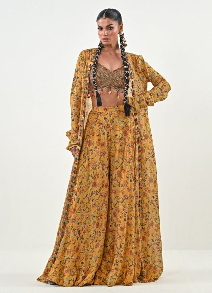 Yellow Printed Chinon Flared Pants With Jacket Juhi Bengani - Fabilicious Fashion