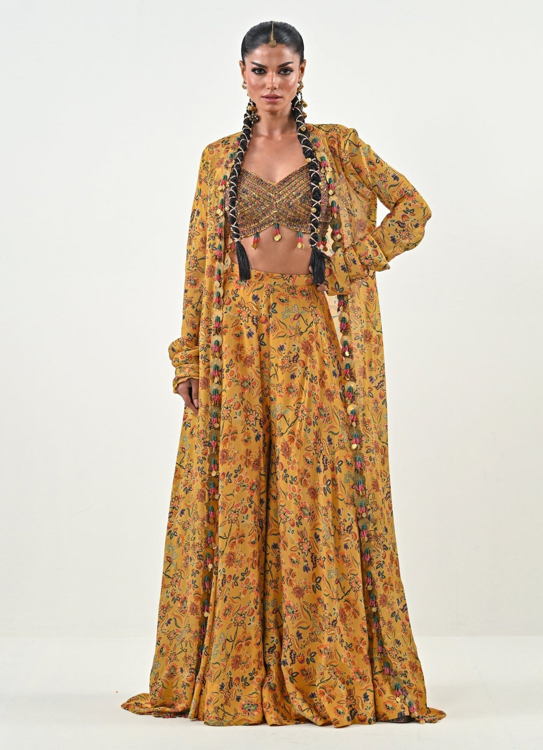 Yellow Printed Chinon Flared Pants With Jacket Juhi Bengani - Fabilicious Fashion