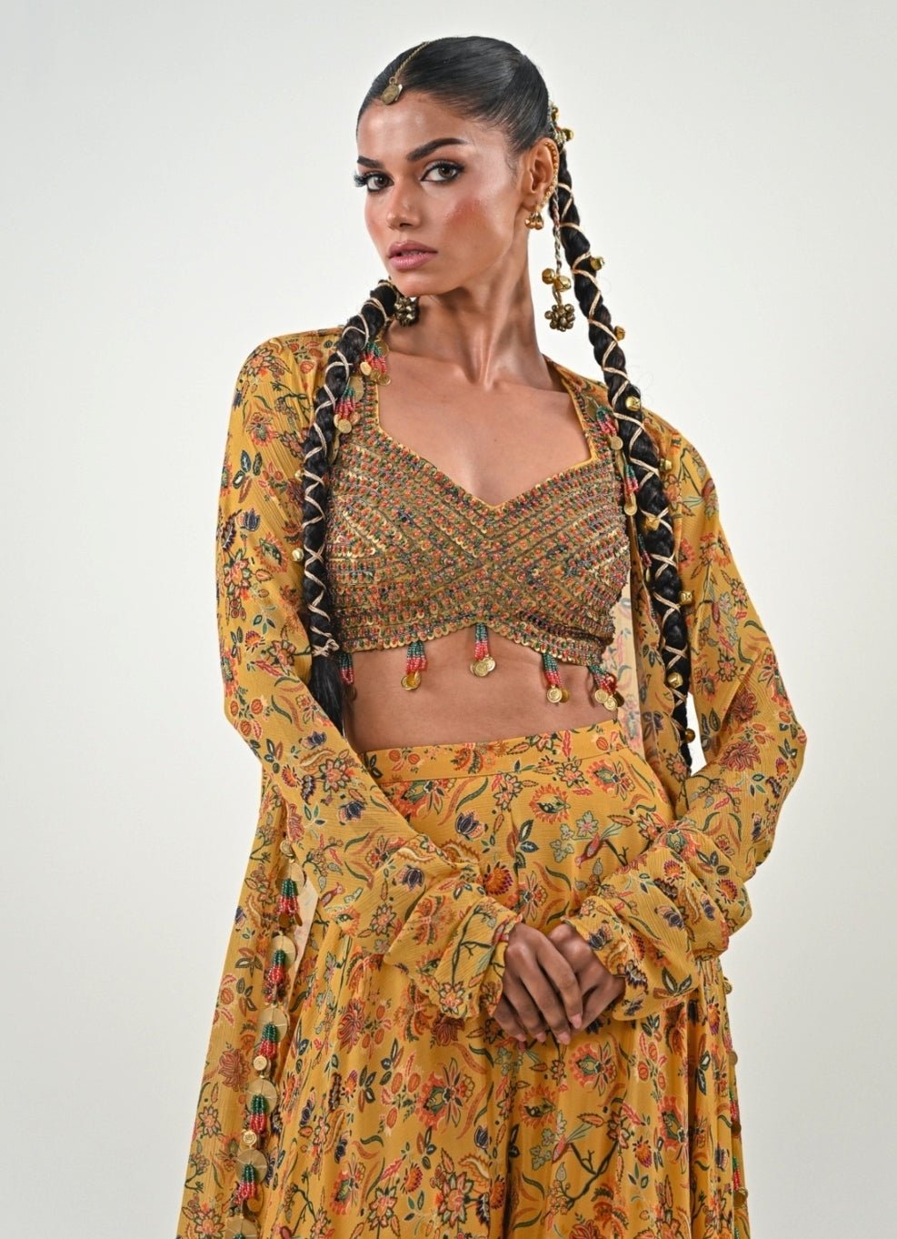 Yellow Printed Chinon Flared Pants With Jacket Juhi Bengani - Fabilicious Fashion