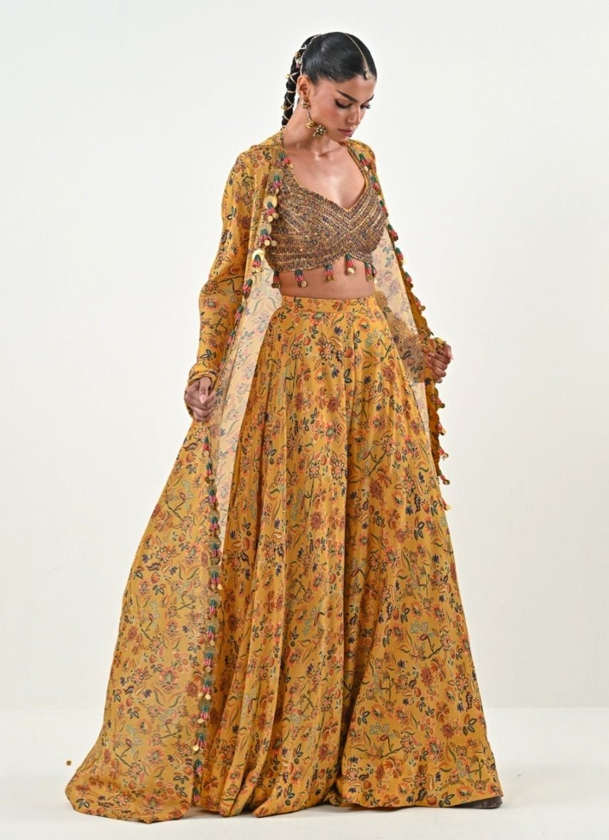 Yellow Printed Chinon Flared Pants With Jacket Juhi Bengani - Fabilicious Fashion