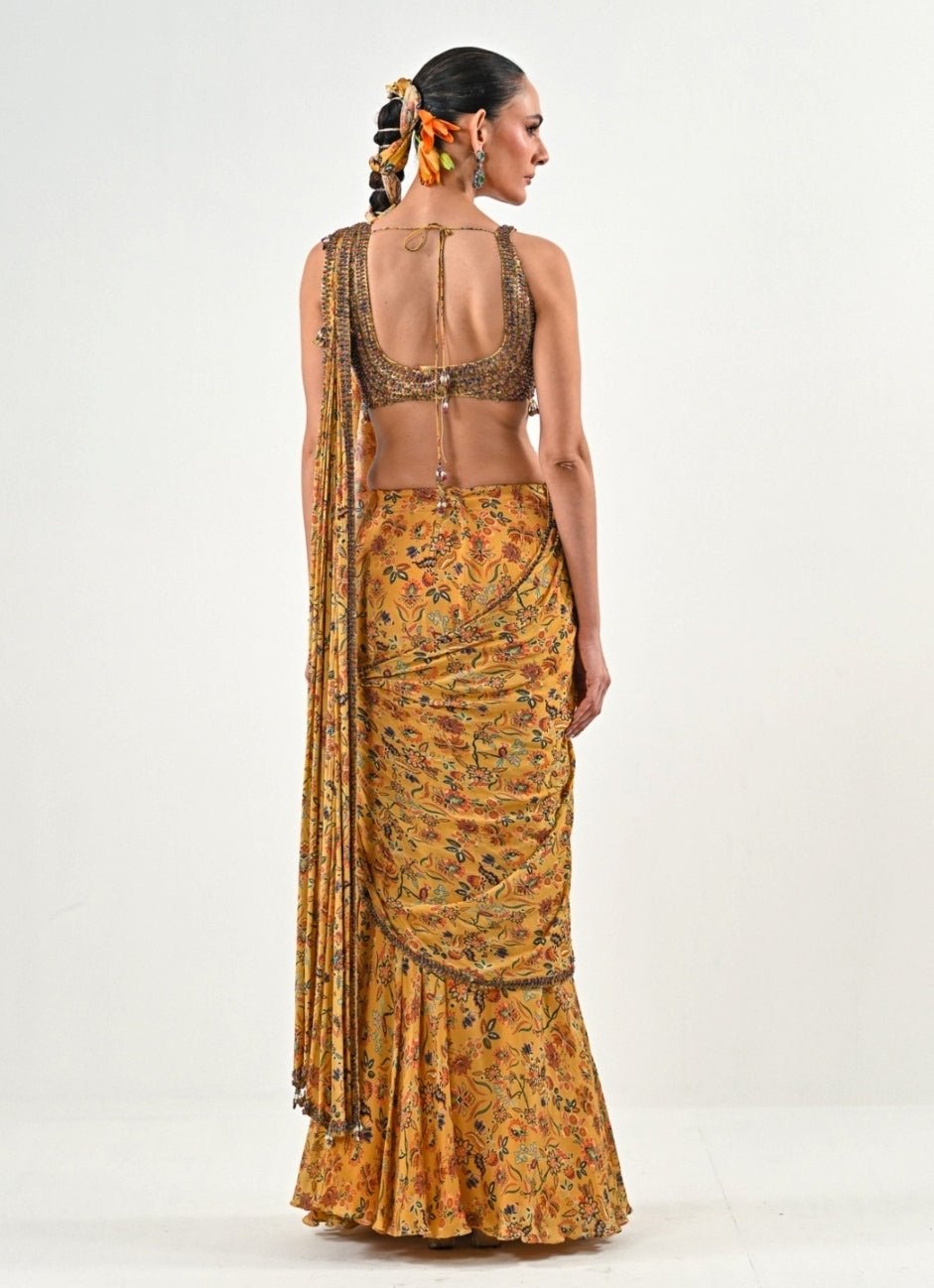 Yellow Printed Chinon Pre - Draped Saree Juhi Bengani - Fabilicious Fashion