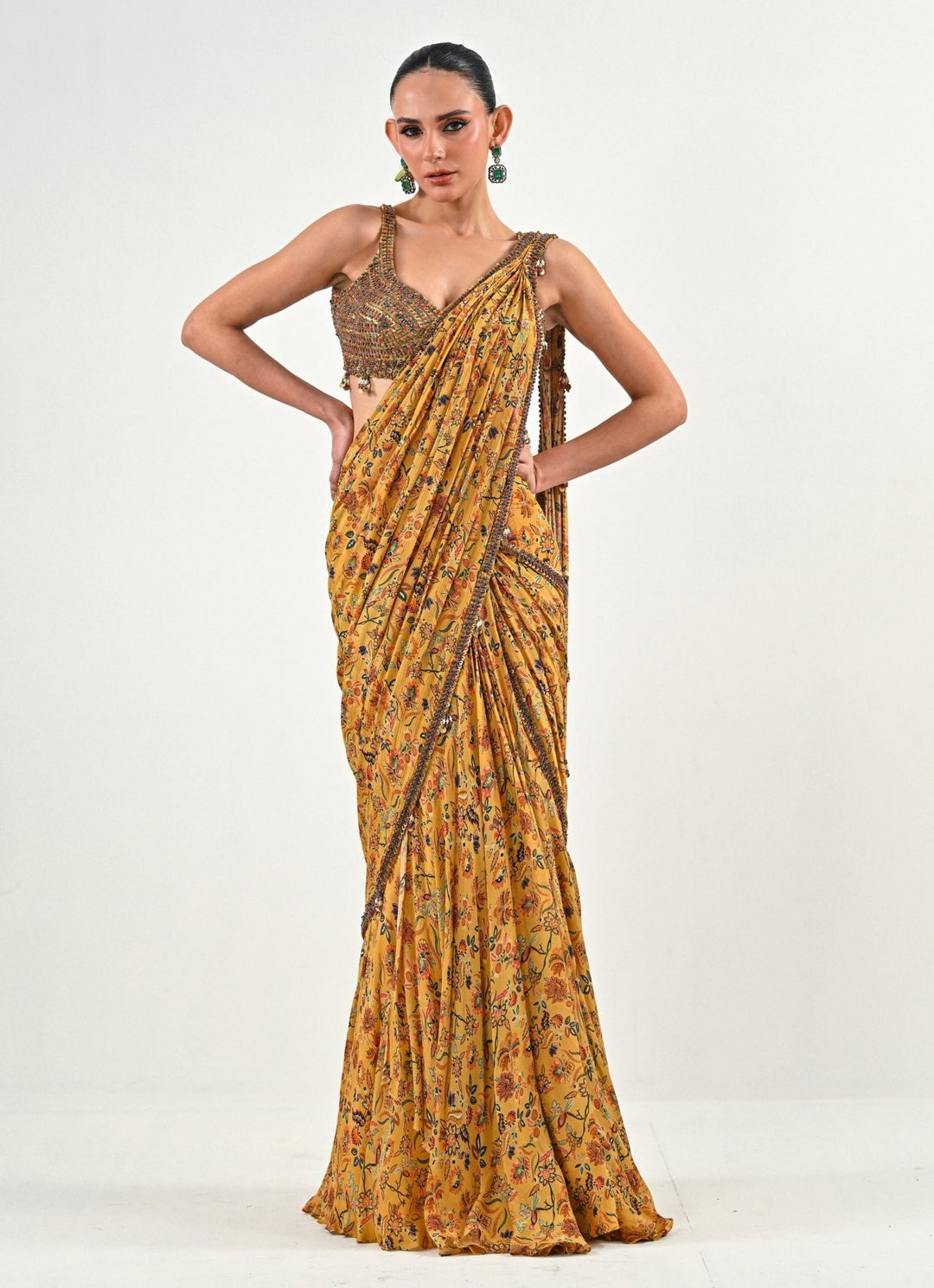 Yellow Printed Chinon Pre - Draped Saree Juhi Bengani - Fabilicious Fashion