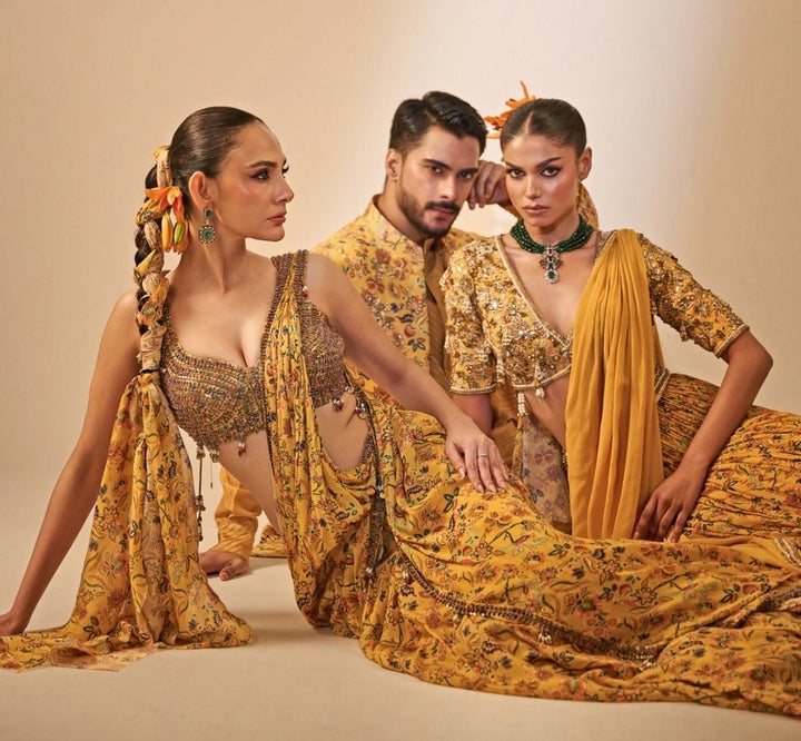 Yellow Printed Chinon Pre - Draped Saree Juhi Bengani - Fabilicious Fashion