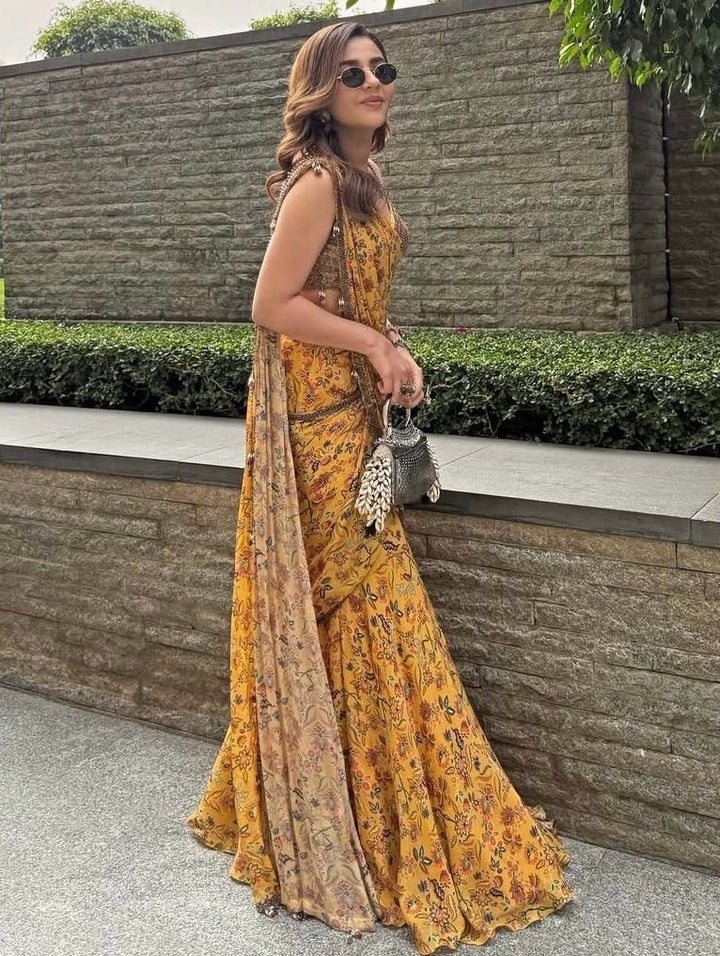 Yellow Printed Chinon Pre - Draped Saree Juhi Bengani - Fabilicious Fashion