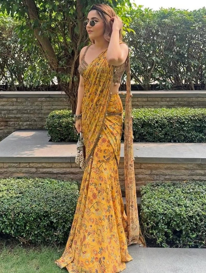 Yellow Printed Chinon Pre - Draped Saree Juhi Bengani - Fabilicious Fashion