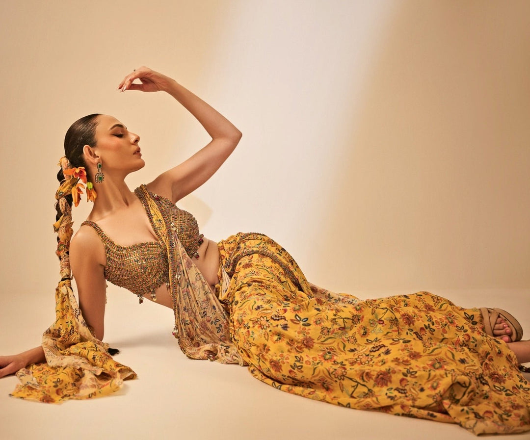 Yellow Printed Chinon Pre - Draped Saree Juhi Bengani - Fabilicious Fashion