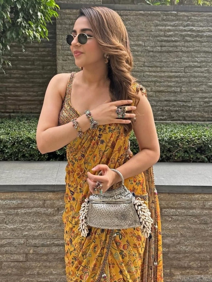 Yellow Printed Chinon Pre - Draped Saree Juhi Bengani - Fabilicious Fashion