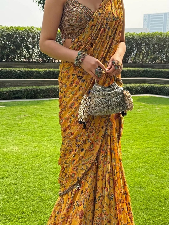 Yellow Printed Chinon Pre - Draped Saree Juhi Bengani - Fabilicious Fashion