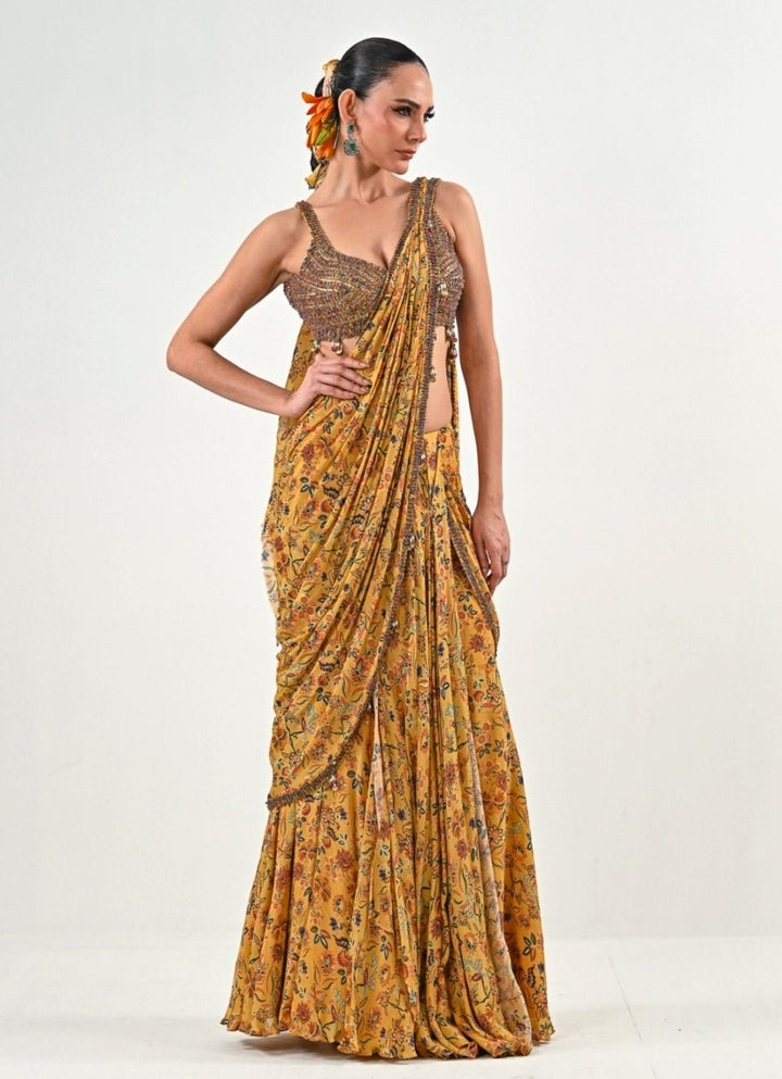 Yellow Printed Chinon Pre - Draped Saree Juhi Bengani - Fabilicious Fashion
