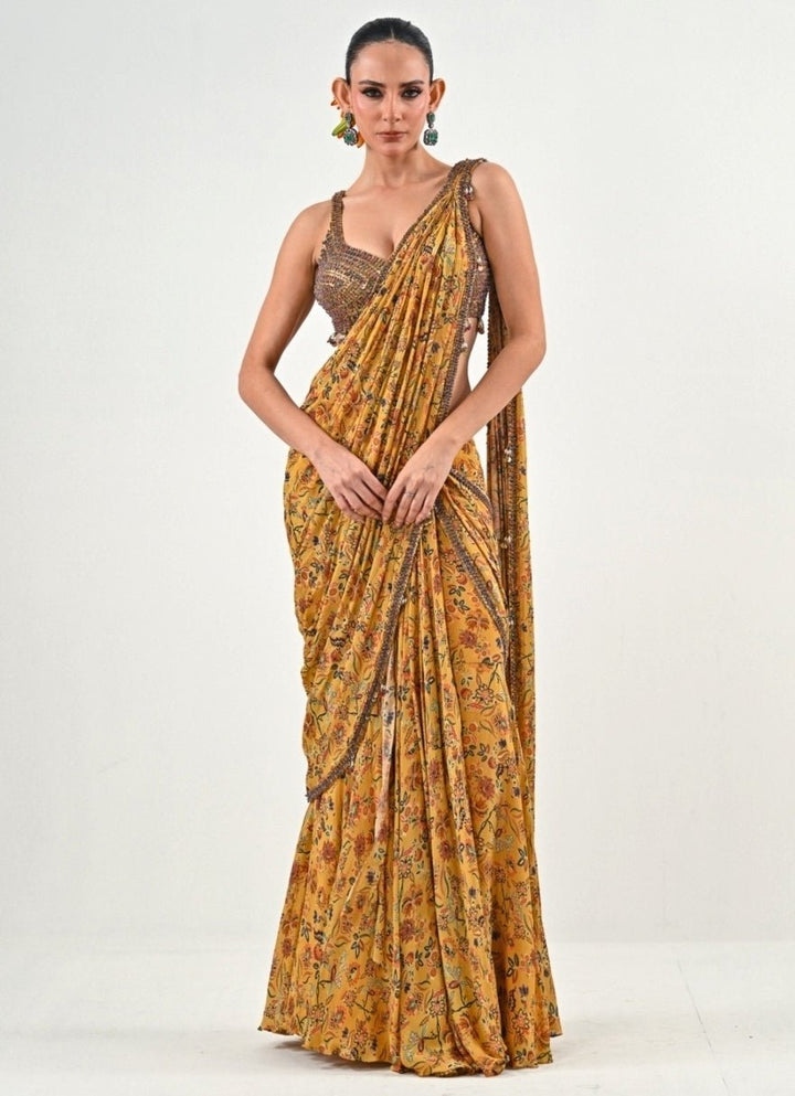 Yellow Printed Chinon Pre - Draped Saree Juhi Bengani - Fabilicious Fashion