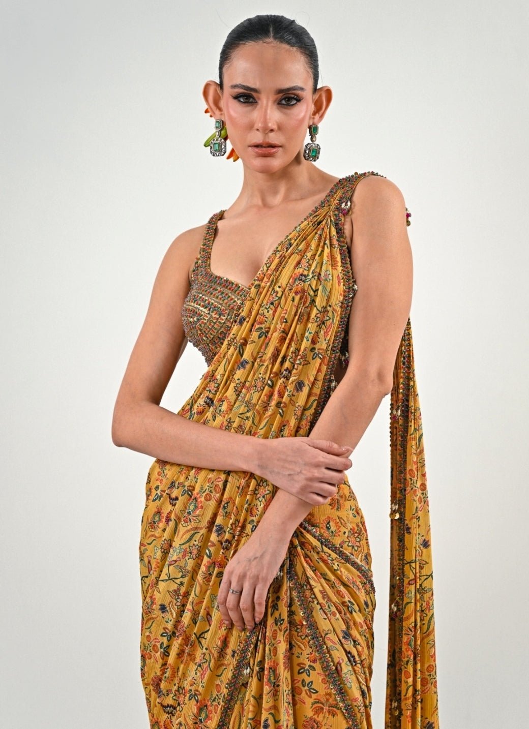 Yellow Printed Chinon Pre - Draped Saree Juhi Bengani - Fabilicious Fashion