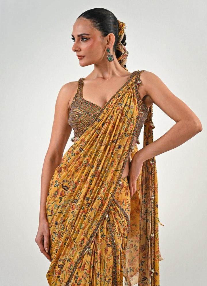 Yellow Printed Chinon Pre - Draped Saree Juhi Bengani - Fabilicious Fashion