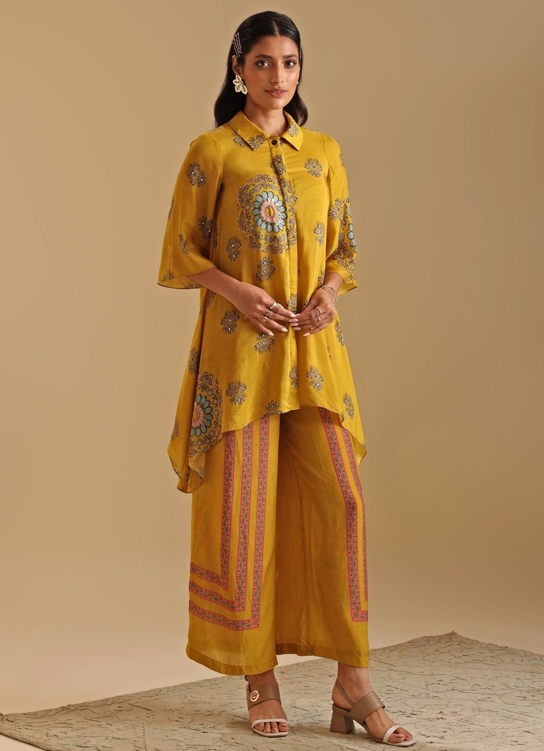 Yellow Printed Cotton Silk Shirt Kurta And Flared Pant Set Soup By Sougat Paul - Fabilicious Fashion
